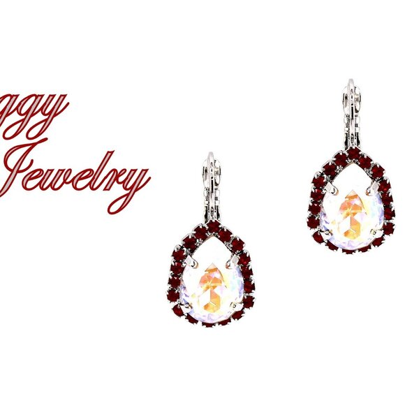 Crystal AB Pear Teardrop Earrings with Siam Red Halo and Rhodium Finish - Picture 1 of 6